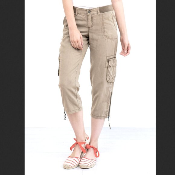 Anthropologie Marrakech Julia Tencel Linen Cargo‎ Capri Pants in  Tan Sz 29 NWOT - Picture 1 of 13